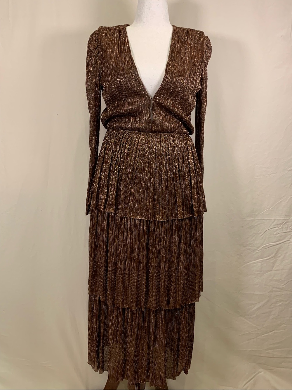 Sabina Musayev Bronze Metallic Tiered Maxi Dress Large